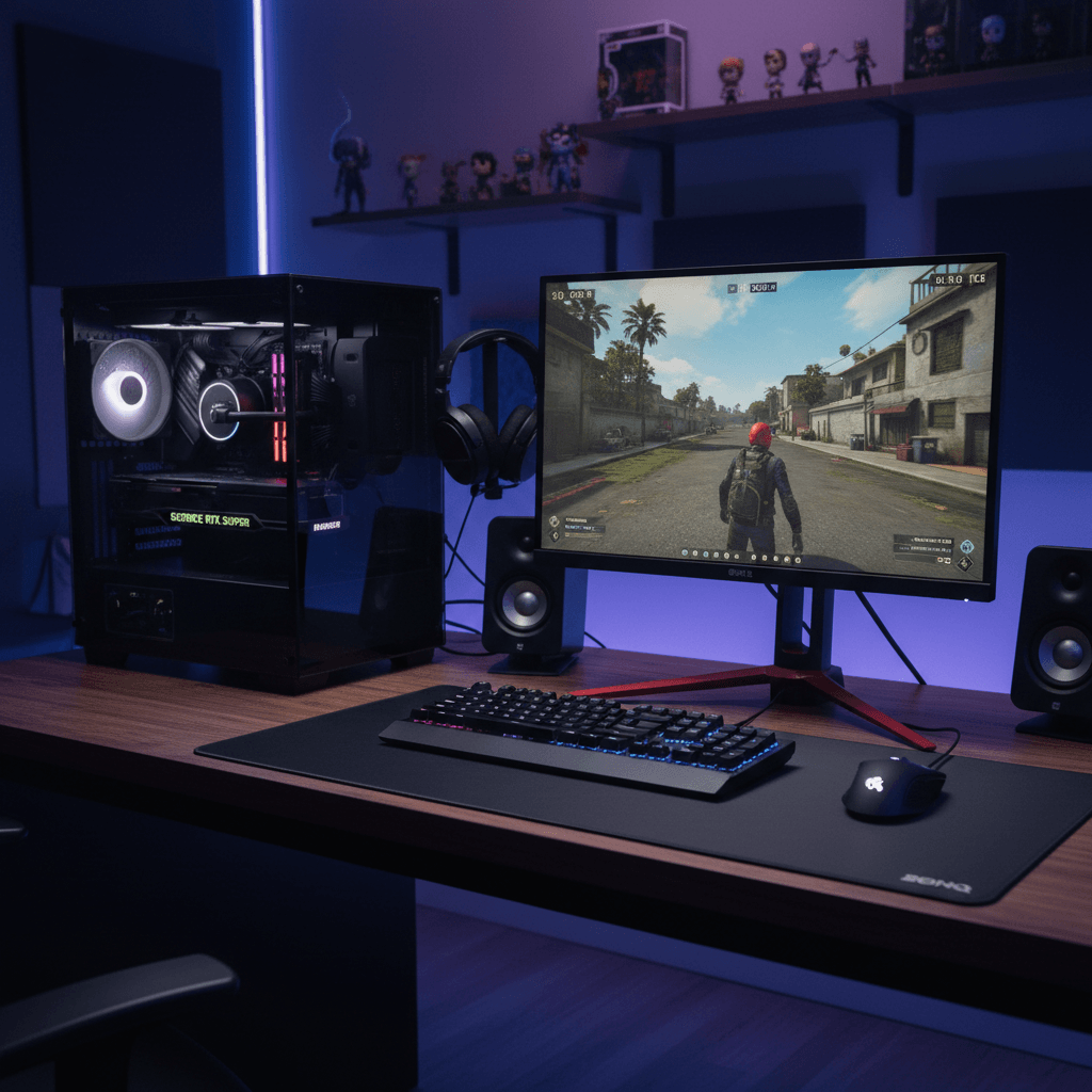 エルサと青キジの対決を高画質で楽しむための推奨ゲーミングPC環境を表現。記事後半で紹介された推奨スペックとデバイスを強調。