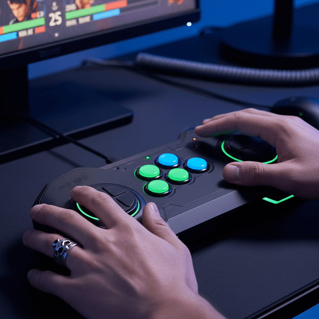 記事終盤のゲーミングデバイス紹介部分を視覚化。Razer Kitsuneを使用し、日番谷冬獅郎を操作して勝利するシーンをイメージ。