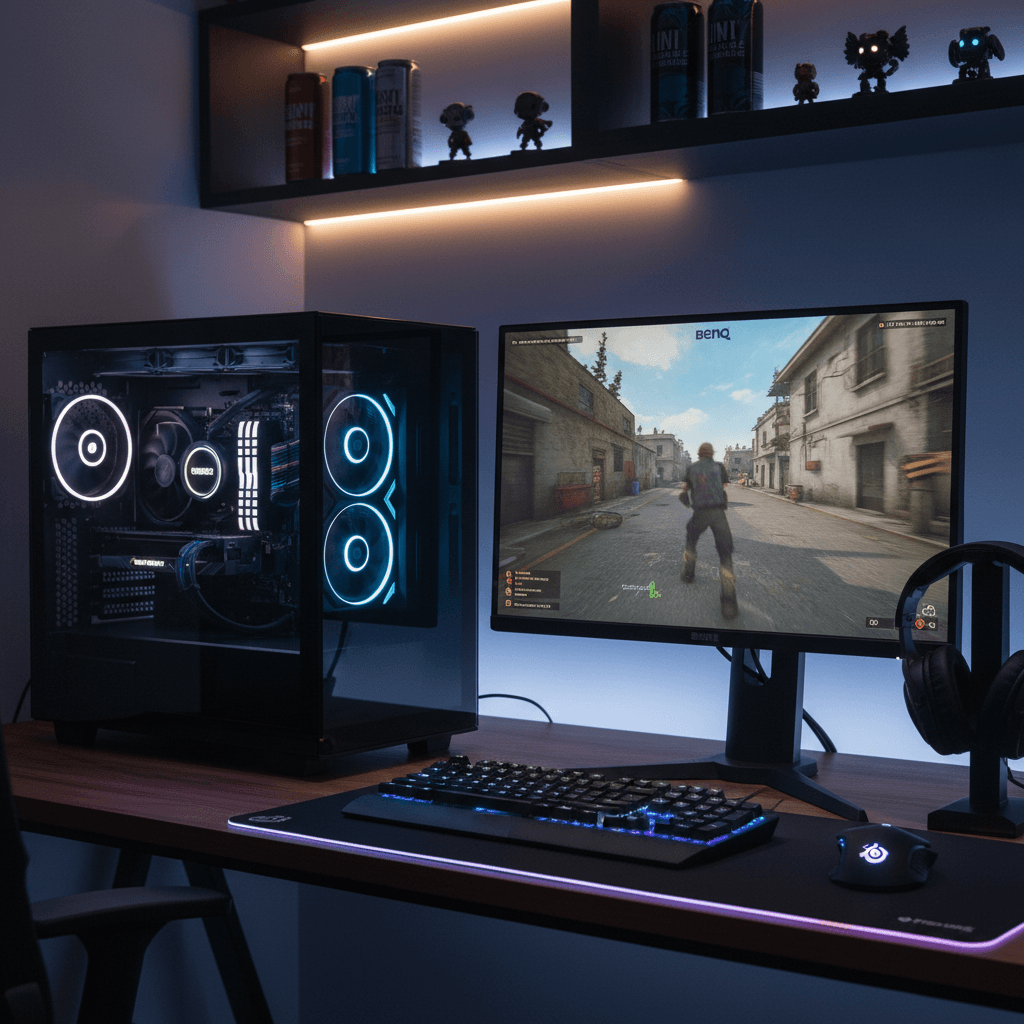 記事で紹介されている推奨ゲーミングデバイス（GPU、モニター、キーボード、コントローラー）を並べ、五条悟とアクセラレータの激しい戦いを快適に体験するための環境を表現。