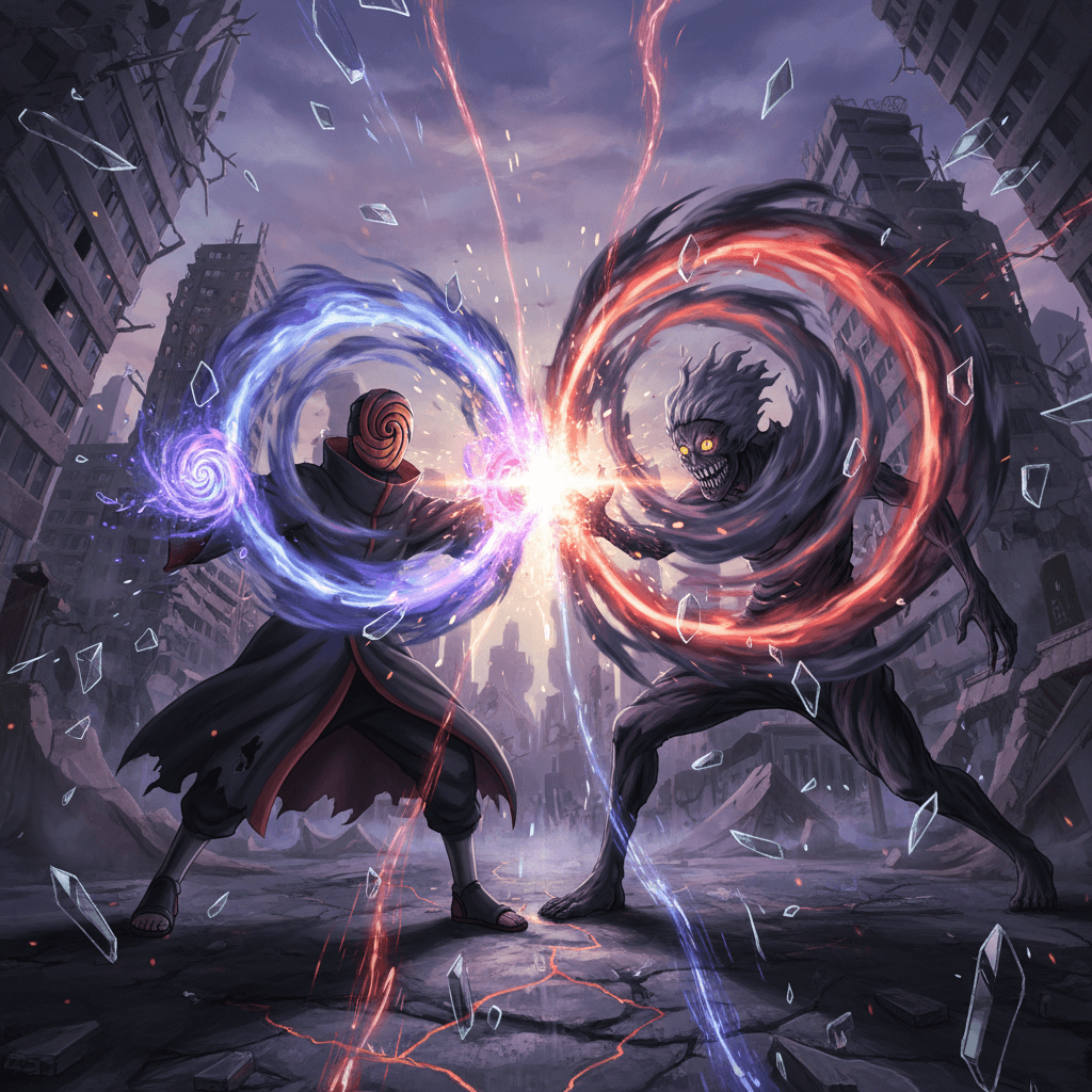 オビトと黒霧がそれぞれの能力をぶつけ合う瞬間を表現。空間支配を争う二人の対決を象徴的に描写します。