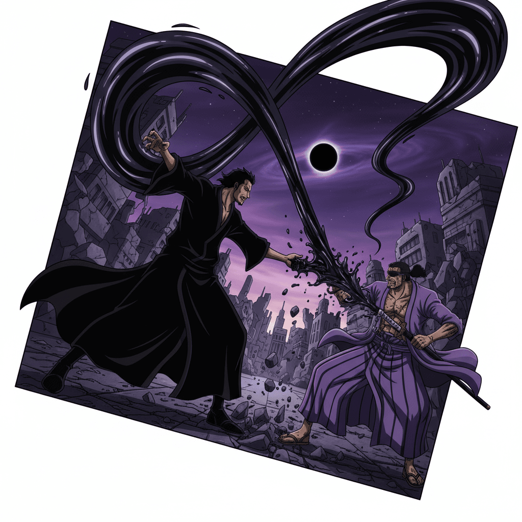 ブラックホール能力者の闇水（クロウズ）による接近戦への移行、能力無効化を表現。近距離戦での優位性を強調します。