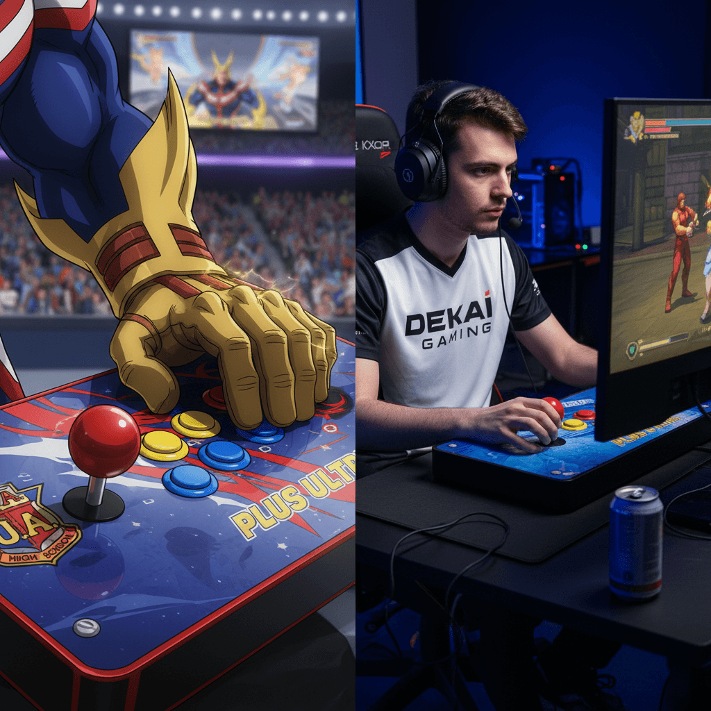 オールマイトには格闘ゲーム向けのレバーレスコントローラー、スーパーマンにはXbox Eliteコントローラーが推奨されることを、それぞれのコントローラーに手を置いたイメージで表現します。デバイス選びの重要性を示唆します。