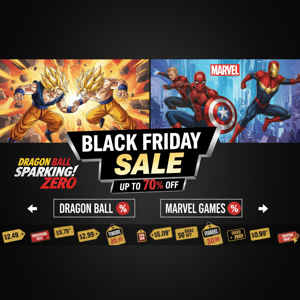 記事内で言及されているブラックフライデーセールと、注目タイトル（ドラゴンボールとマーベル関連ゲーム）を組み合わせて表現しています。