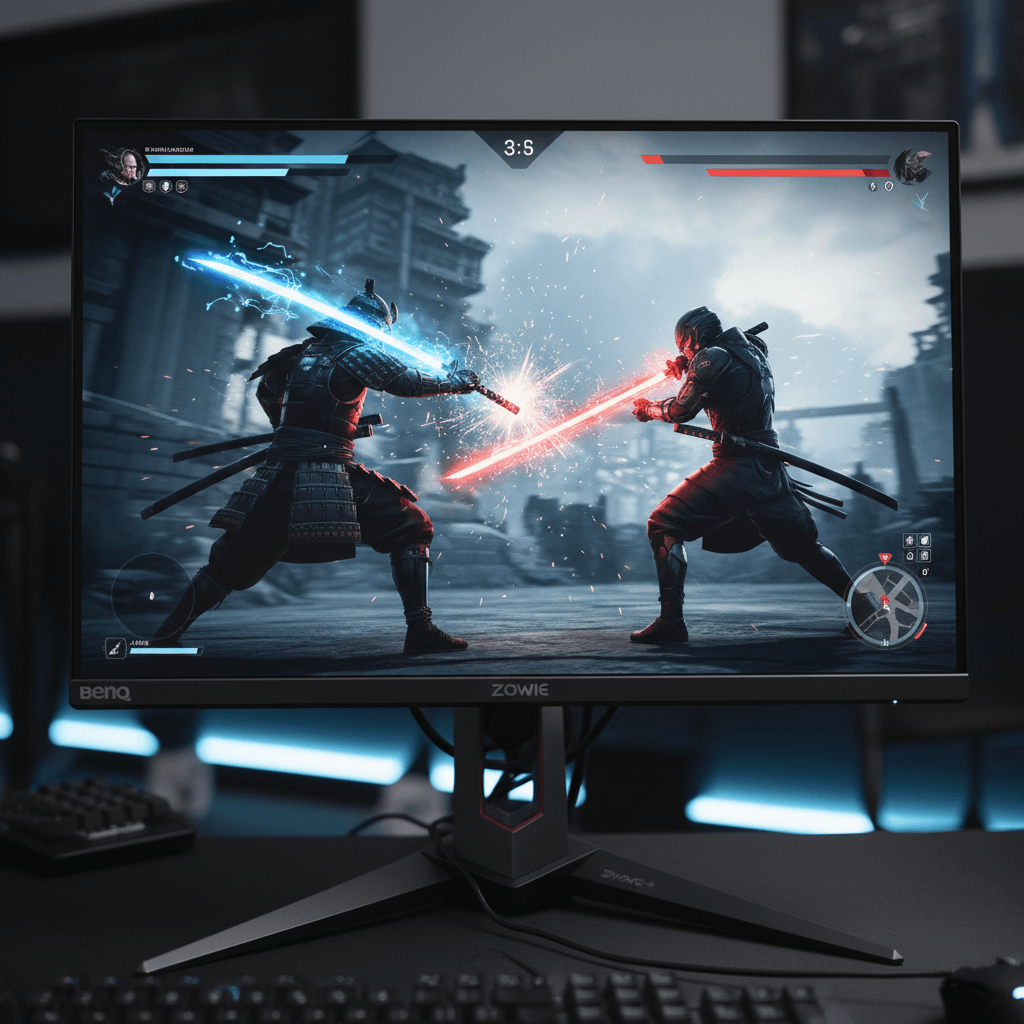 高リフレッシュレートモニターの重要性を示すため、ゲームプレイ画面を高画質で表示している様子を表現しています。