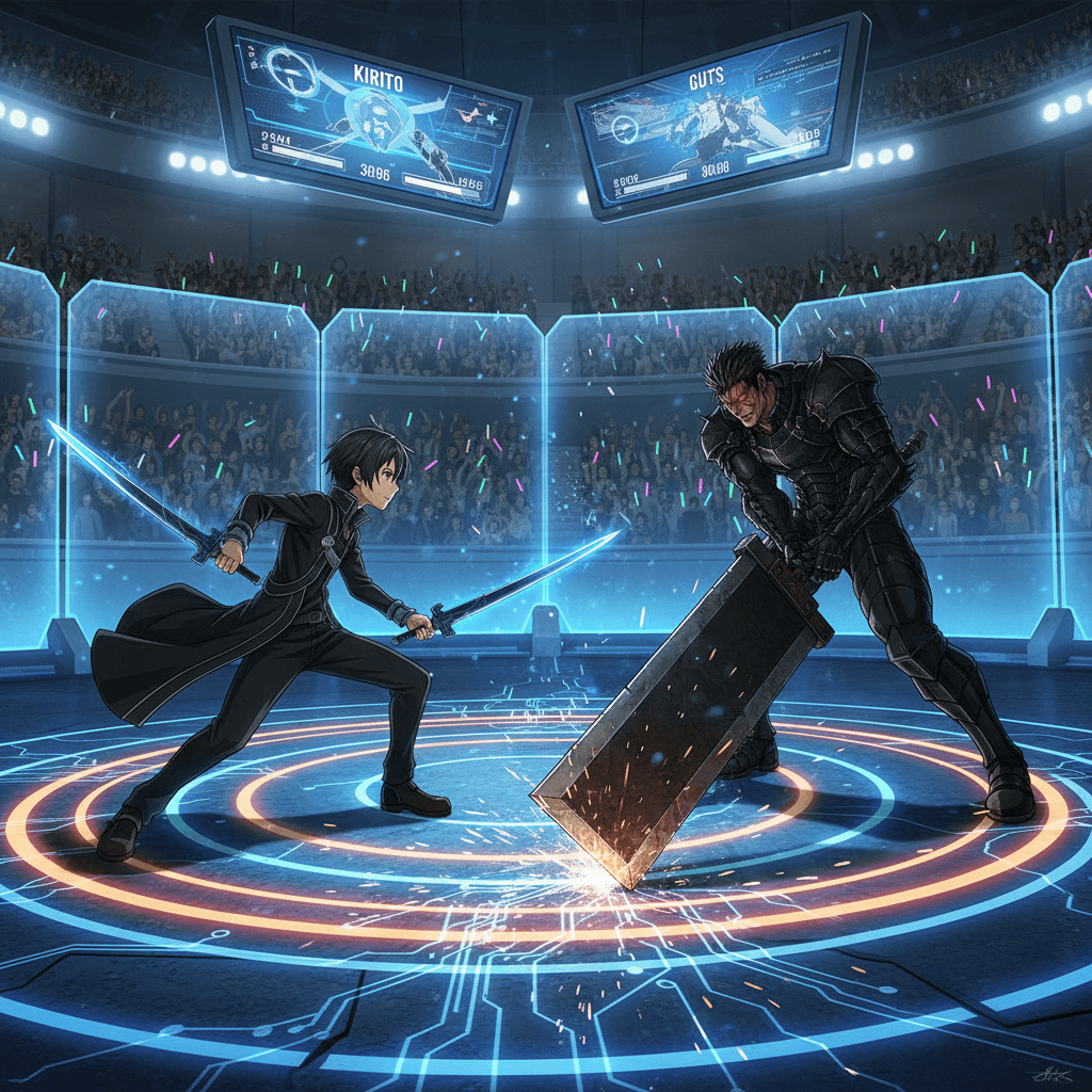 キリトとガッツが対峙し、それぞれのプレイスタイルと、それに対応するPCスペック（高フレームレート vs 高解像度）を背景に表現したイメージ。対決の構図で記事全体のテーマを視覚化。