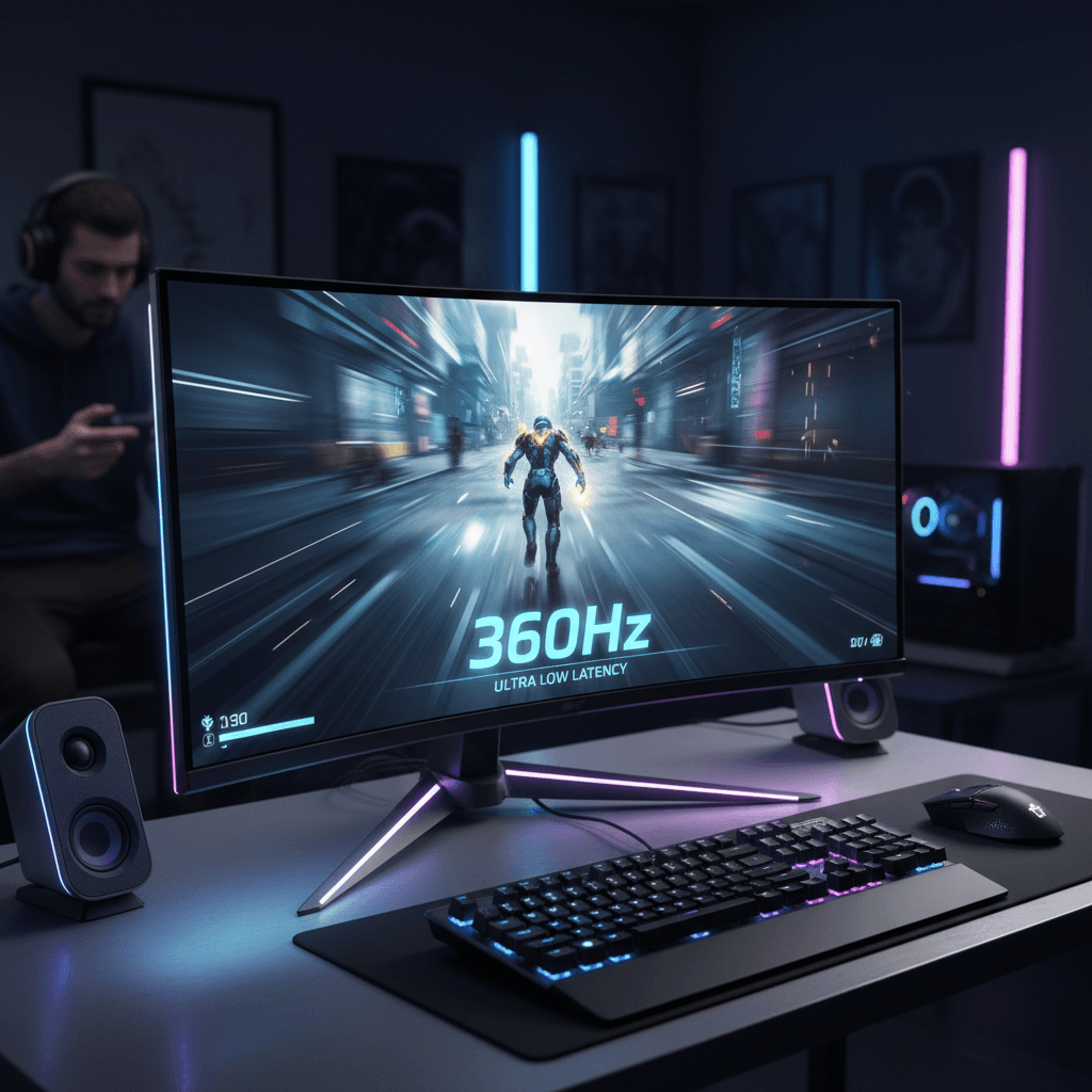 リヴァイのような高速操作に最適なゲーミングデバイスのセットアップを描写。モニター、マウス、ヘッドセットなどを配置し、記事で推奨されているゲーミング環境を表現。