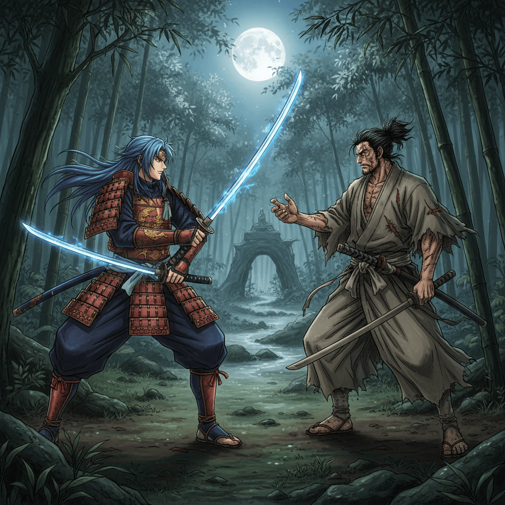 Fate版とバガボンド版の武蔵が対峙するシーンを表現。ファンタジーとリアリズムの対比を強調し、それぞれの特徴的なスタイルを際立たせています。