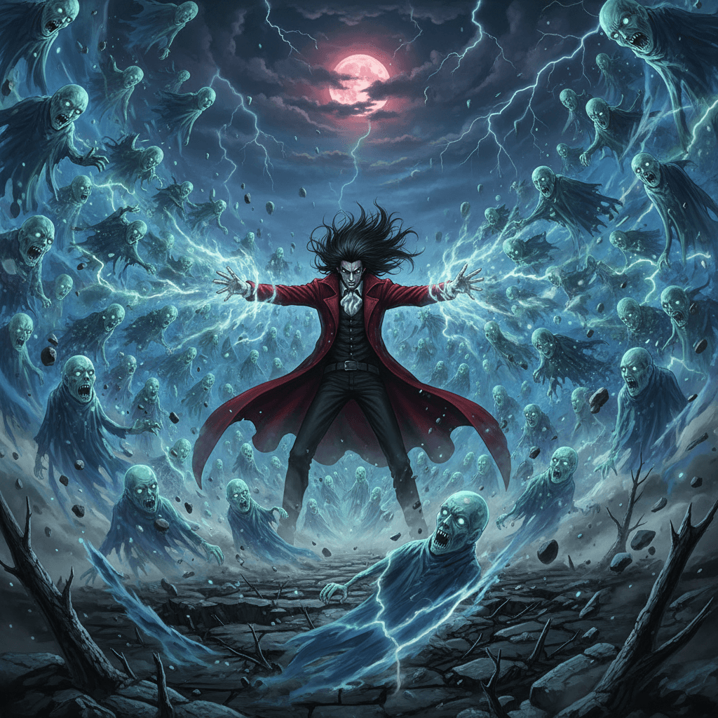 アーカードの大量の残機と「リスポーン待機時間ゼロで無限に湧いてくる敵」という記事内の表現を視覚化し、物量でDIOを圧倒する様子を描きます。