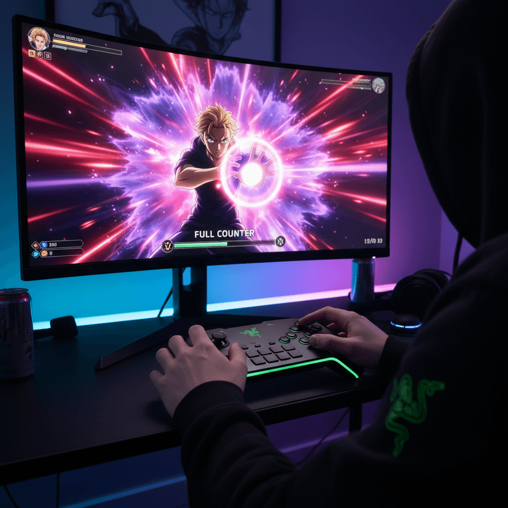 記事内で紹介されているデバイス（Razer Kitsune）を使用して、メリオダスの「全反撃」を完璧に発動するゲーマーの様子を表現。快適なプレイ環境という記事のセクションを視覚化しています。