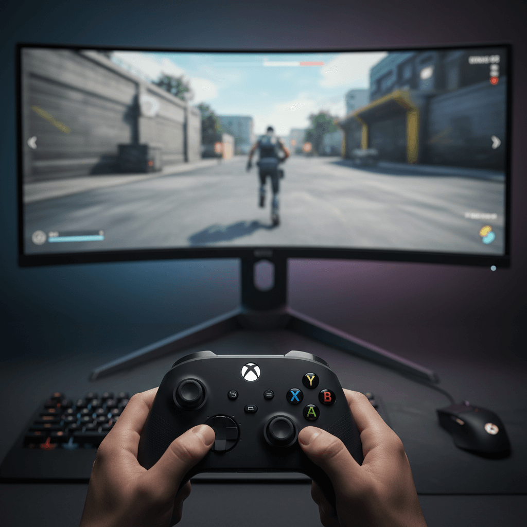 記事後半で解説されている、ダンピールアクションを楽しむための環境構築を視覚化。特に重要となるコントローラーとゲーミングモニターに焦点を当てています。