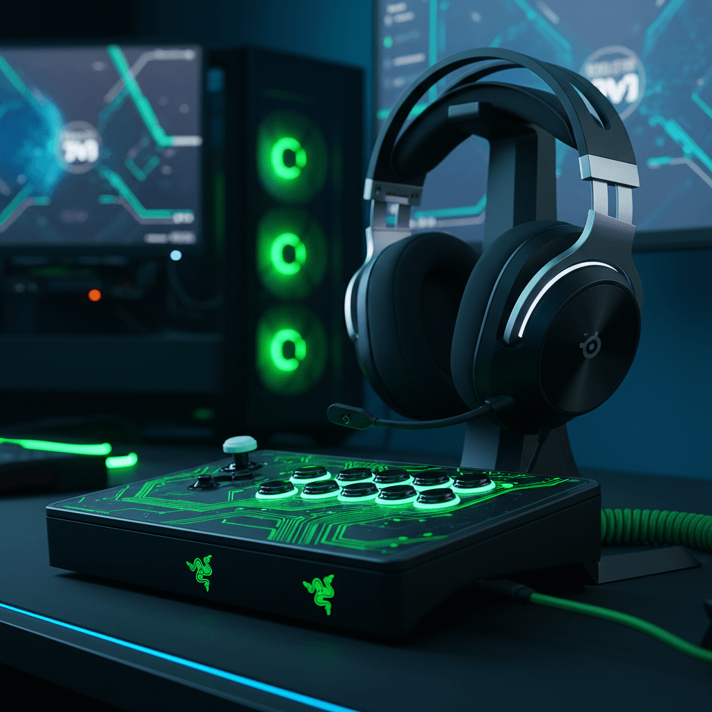 記事後半で紹介されているゲーミングデバイスと、それらが使用されるゲームのインターフェースを組み合わせることで、快適なゲーム環境の構築を視覚的にアピールしています。