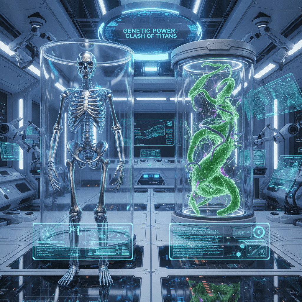 アダマンチウムとG細胞のシステム的な比較を、未来的なインターフェースで表現し、ゲーム開発的な視点を視覚化しています。