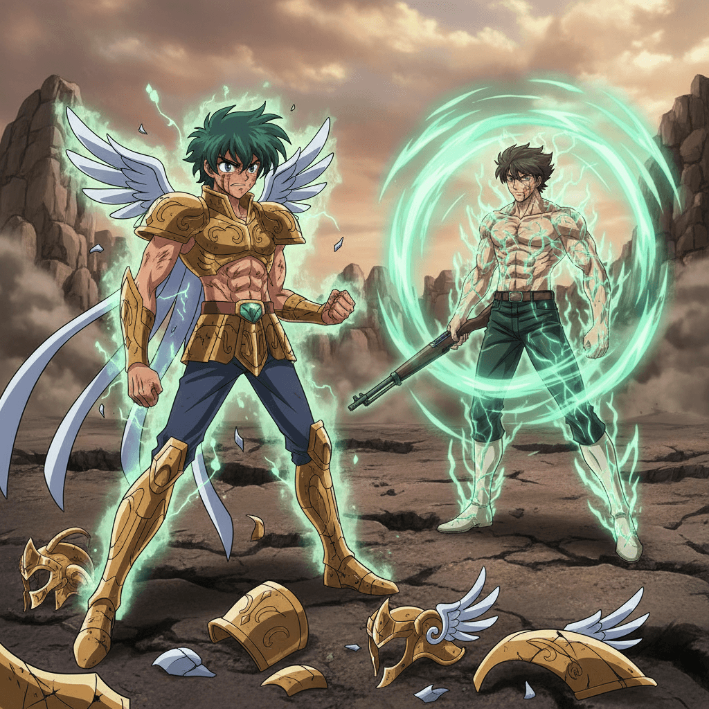 星矢の聖衣が破損している様子と、杉元のHPが急速に回復している様子をクローズアップで描写します。ダメージ数値が浮遊していることで、防御システムの違いを強調します。