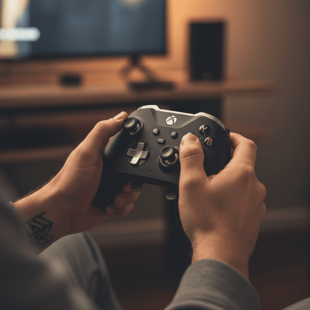 Xbox Eliteコントローラーが複雑なスキルコンビネーションを可能にしている様子を表現しています。記事中の快適なプレイ環境を整えようのコントローラー部分を視覚化。