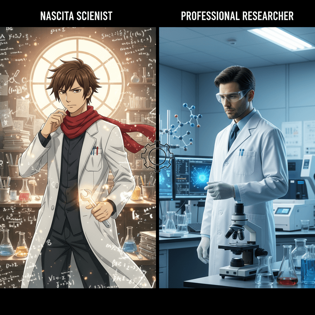 記事の「開発者（クリエイター）として」の側面を視覚化。桐生戦兎のアナログとデジタルが融合した開発環境と、トニー・スタークの未来的なワークステーションを比較します。