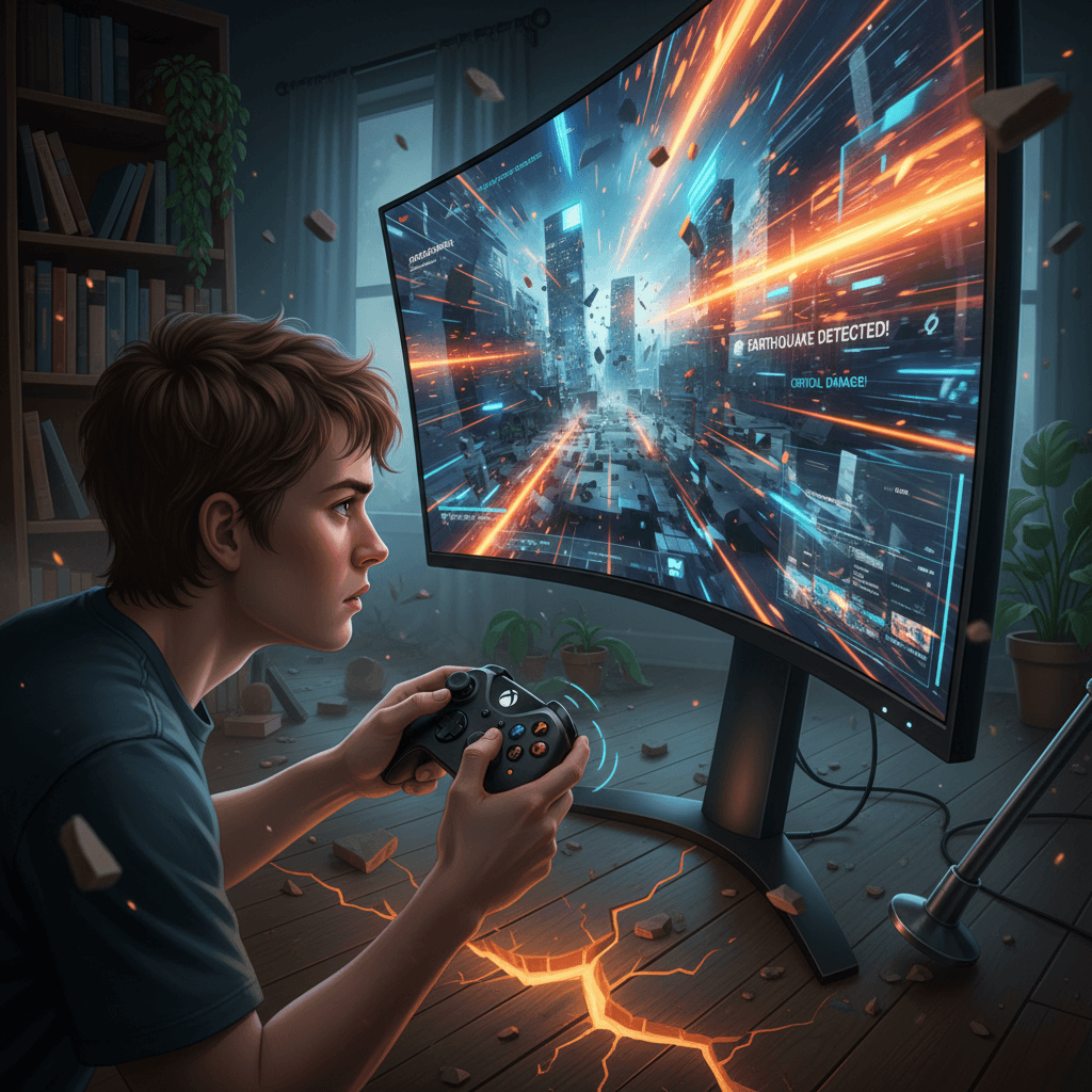 地震の揺れを体感できるハプティックフィードバックの重要性を表現。コントローラーの振動を通じて、ゲームへの没入感を高めている様子を描写。記事後半部分を視覚化。