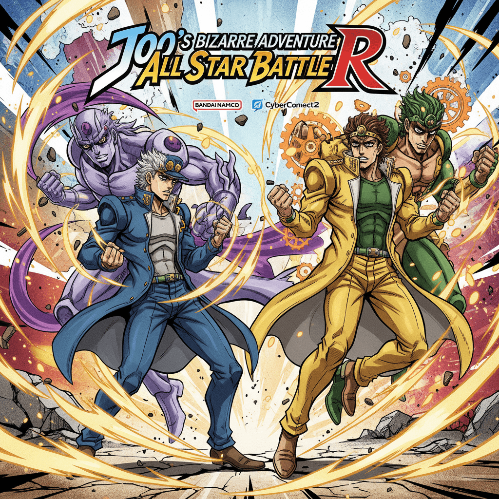 記事で言及されているゲーム『ジョジョの奇妙な冒険 オールスターバトル R』での対戦シーンをイメージ。ゲーム画面のような構成で、両キャラクターのバトルを描写。