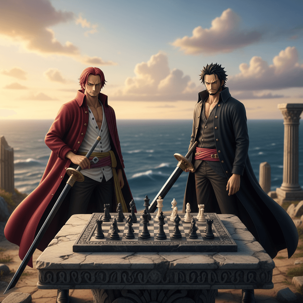 シャンクスとミホークのメタ環境での立ち位置をチェス盤を背景に表現することで、戦略的なゲームプレイを強調します。記事の「メタ環境への適応」セクションを視覚化。