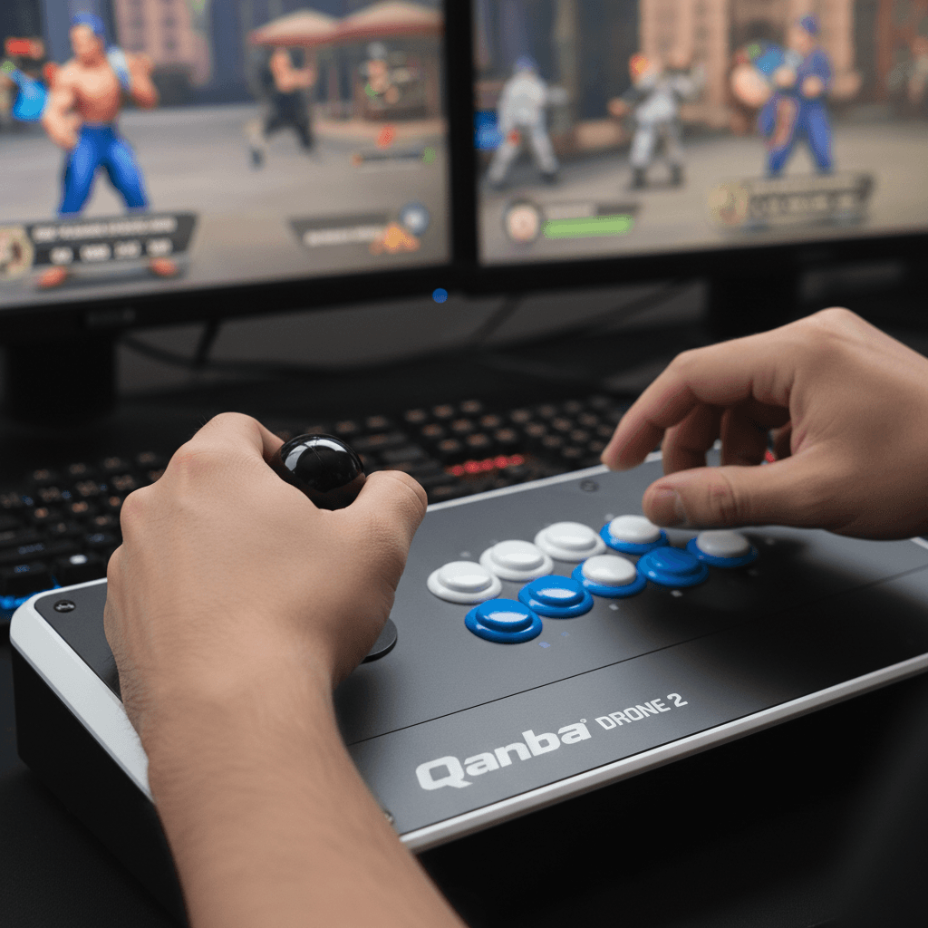 記事内で言及されているアケコン「Qanba Drone 2」を使用し、承太郎のコンボを精密に入力する様子を描写することで、デバイスの重要性を表現しています。