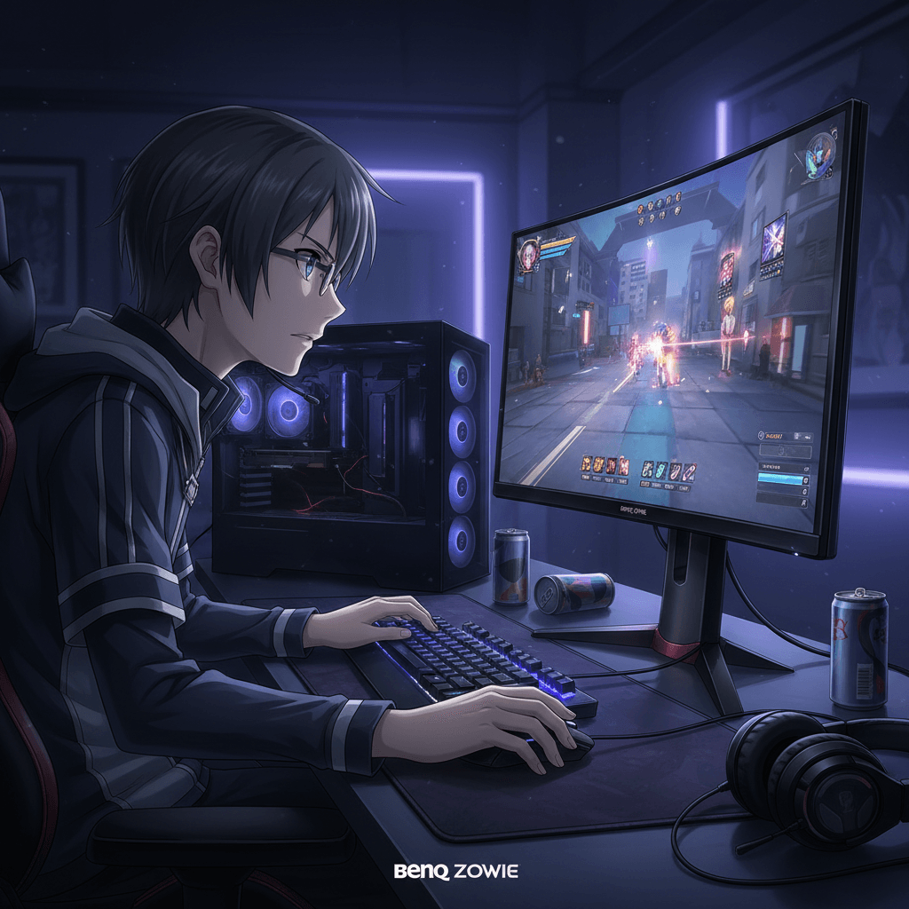 キリトのようなプレイスタイルを目指すためのデバイス環境を紹介。高反応速度と没入感を重視したゲーミング環境を表現しています。