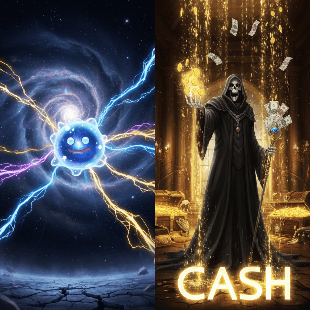 記事のラウンド2におけるリソース管理の比較を表現しています。リムルの無限リソースと、アインズの課金アイテムの使用を対比的に描き、ゲームバランスという視点を強調しています。