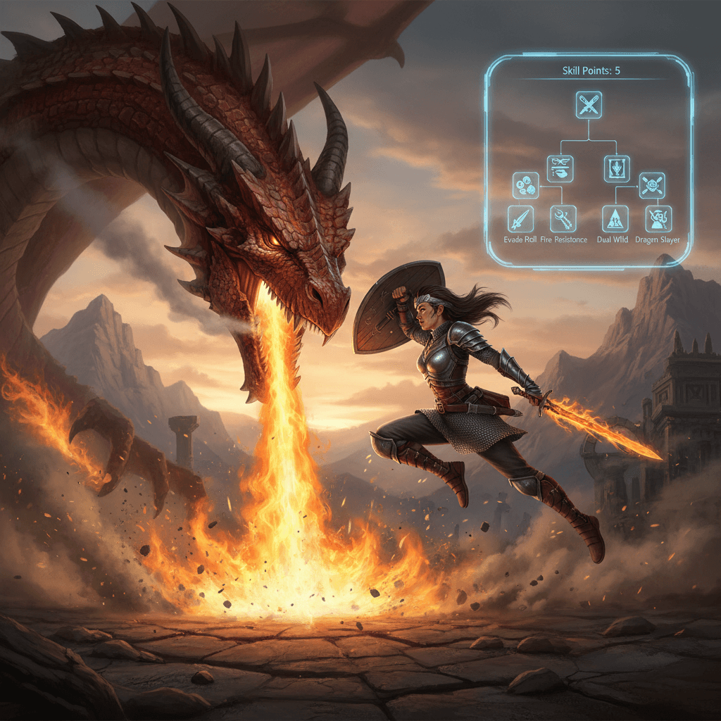 アクションRPGの進化を描写し、プレイヤースキルとキャラクターステータスが融合した戦闘シーンを、推奨モニターと共に表現します。