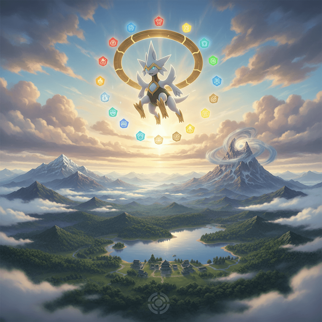 『Pokémon LEGENDS アルセウス』におけるアルセウスの威厳と、主人公が神と出会うシーンを描写し、ゲームの核心的な魅力を伝えています。