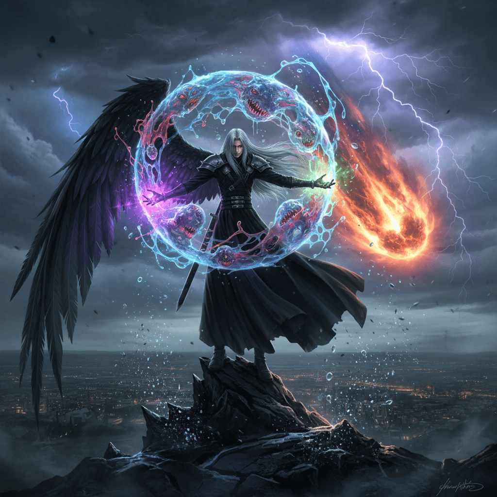 セフィロスの狂気と破滅願望を、メテオ召喚とジェノバ細胞のイメージを組み合わせて表現。