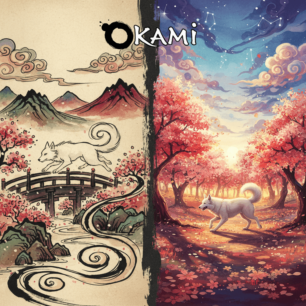 大神とポケモンレジェンズ アルセウスそれぞれのゲームの美しいグラフィックと世界観を比較。記事で紹介されているゲームの魅力を視覚的に伝える。