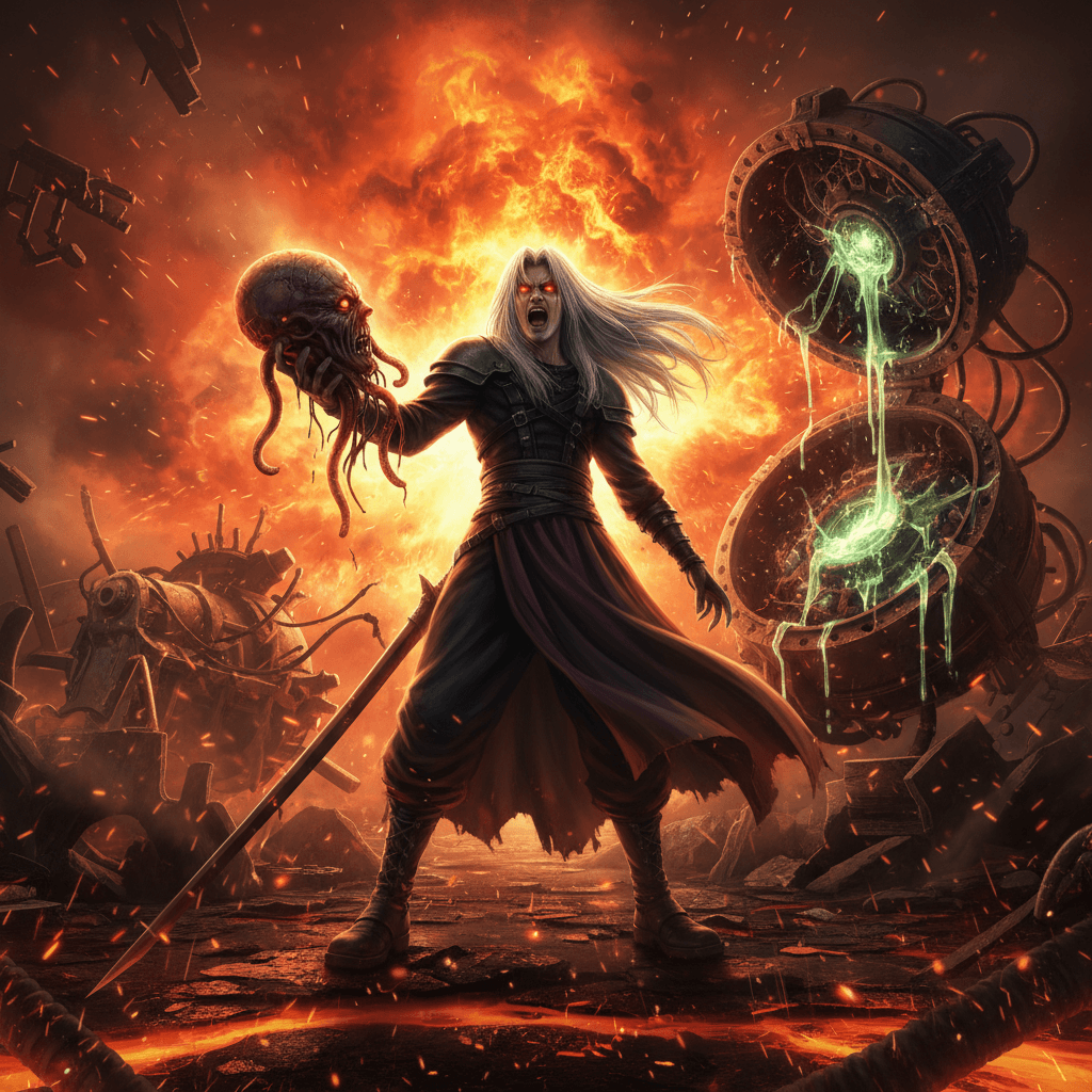 セフィロスが狂気に堕ちるきっかけとなったニブルヘイム魔晄炉でのシーンを描写し、自身の出生の秘密を知ったセフィロスの悲劇を表現しています。