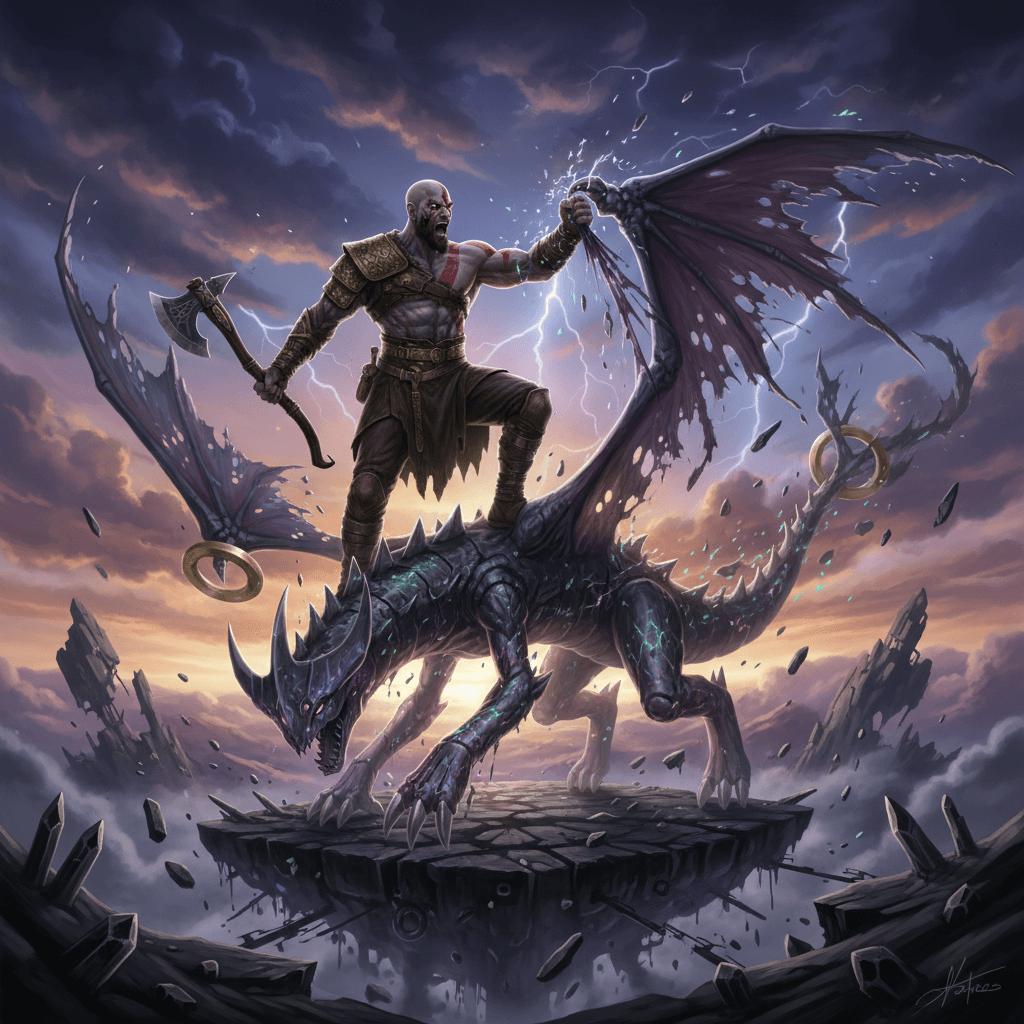 最終的な決着シーンとして、クレイトスがギラティナの翼をもぎ取る瞬間を描写。勝利を確信したクレイトスの姿を強調します。