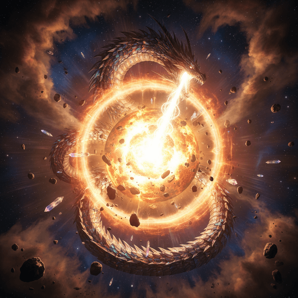 バハムートのテラフレアが惑星を焼き尽くし、文明を破壊するほどの絶大な破壊力を表現しています。瞬間火力の強さを視覚化しています。