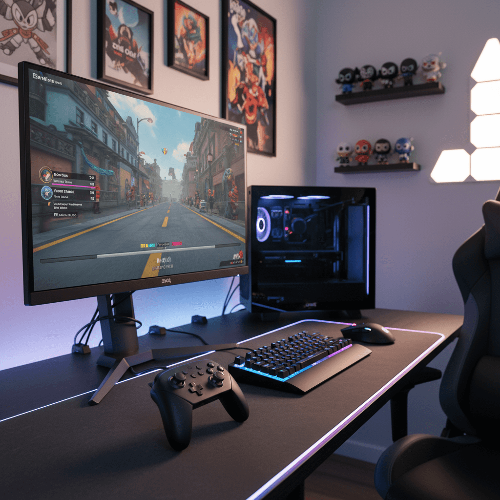 記事後半で紹介されている、快適なゲームプレイのためのデバイス（コントローラー、モニター、ヘッドセット）に焦点を当てています。