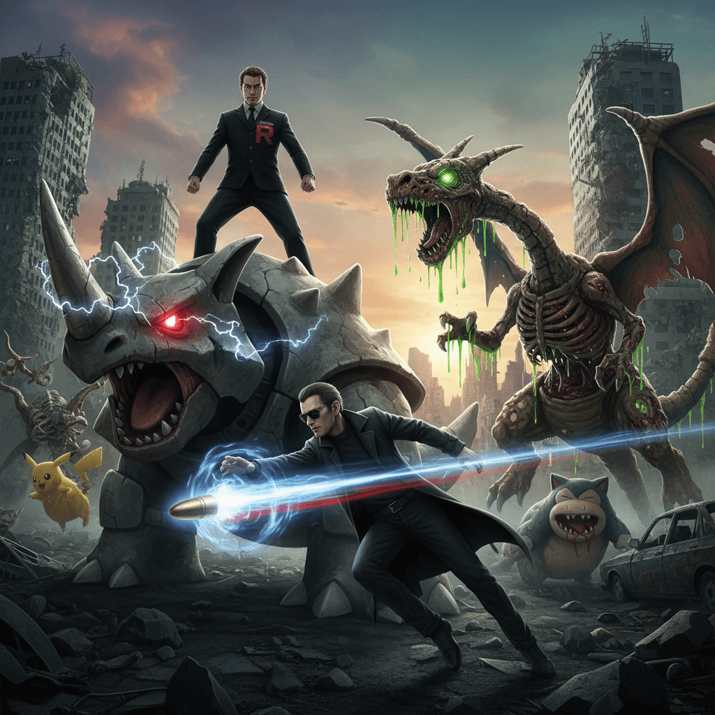 サカキとウェスカーがそれぞれの生体兵器(リザードンとT-ウイルス感染ポケモン)を駆使して戦う様子。両者の戦略の違いと脅威度を表現します。