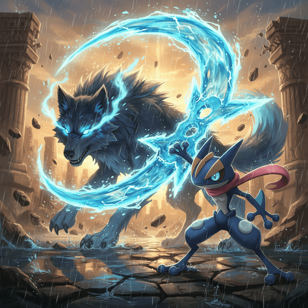 ゲッコウガの必殺技と隻狼の不死の力を対比。記事の「必殺技」比較部分を視覚化し、隻狼の復活シーンを描写することで、ゲッコウガの油断を誘う様子を表しています。