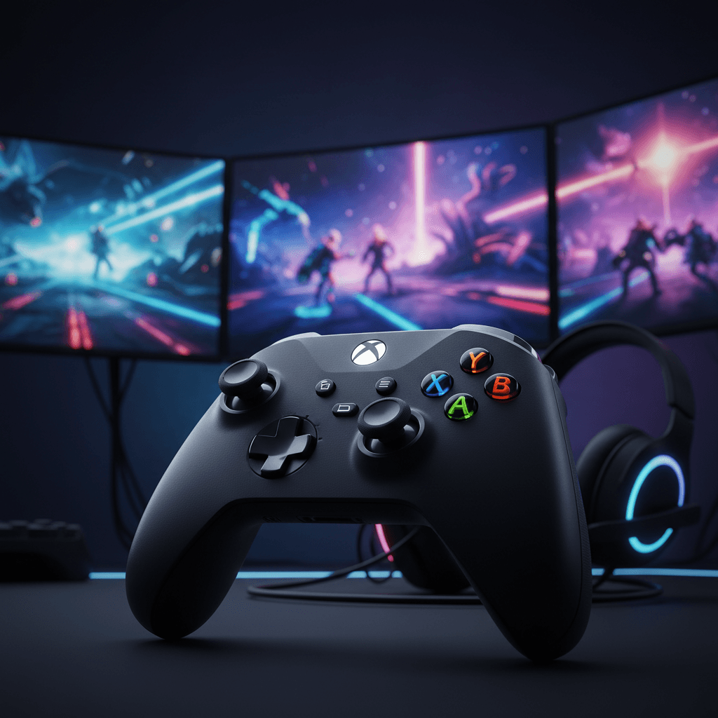 記事で推奨されているXbox Wireless Controllerのイメージ。ゲームプレイ環境の重要性を強調し、「料理人バトル」のインターフェースを表示することで記事との関連性を示します。