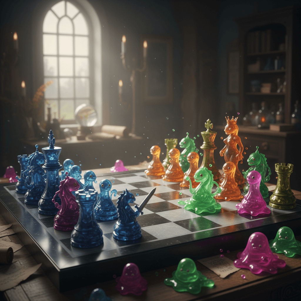 メタモンタイプとスライムタイプのプレイスタイルをチェス盤で表現。メタモンが相手の戦略をコピーし、スライムが物量で圧倒する様子を描写することで、記事のプレイスタイル分析を視覚化。