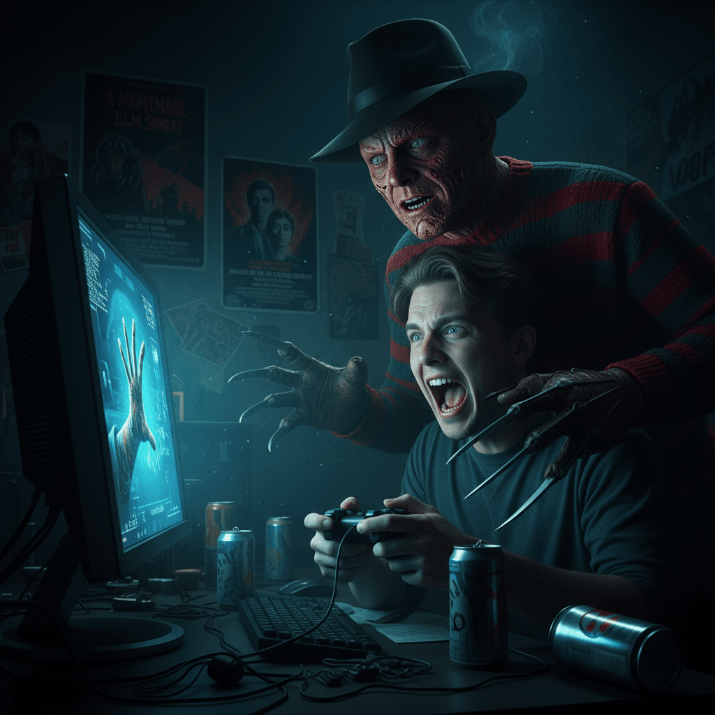 フレディがダークライのトレーナー(プレイヤー)に恐怖を与えようとしている様子を描写し、プレイヤーのメンタルへの影響を視覚化。