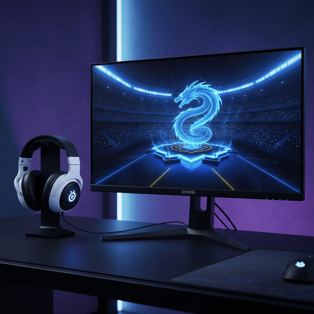 記事で紹介されている欺瞞戦を制するためのデバイスを組み合わせた画像。ゲーミングモニター、ヘッドセット、コントローラーが並び、集中力を高める雰囲気を演出。