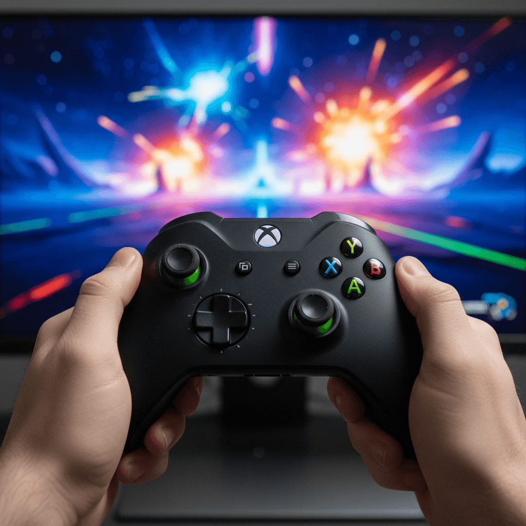 記事後半で紹介されているコントローラーに焦点を当て、快適なプレイ環境を視覚化しています。スピードゲームをプレイする際の、コントローラーの重要性を表現します。