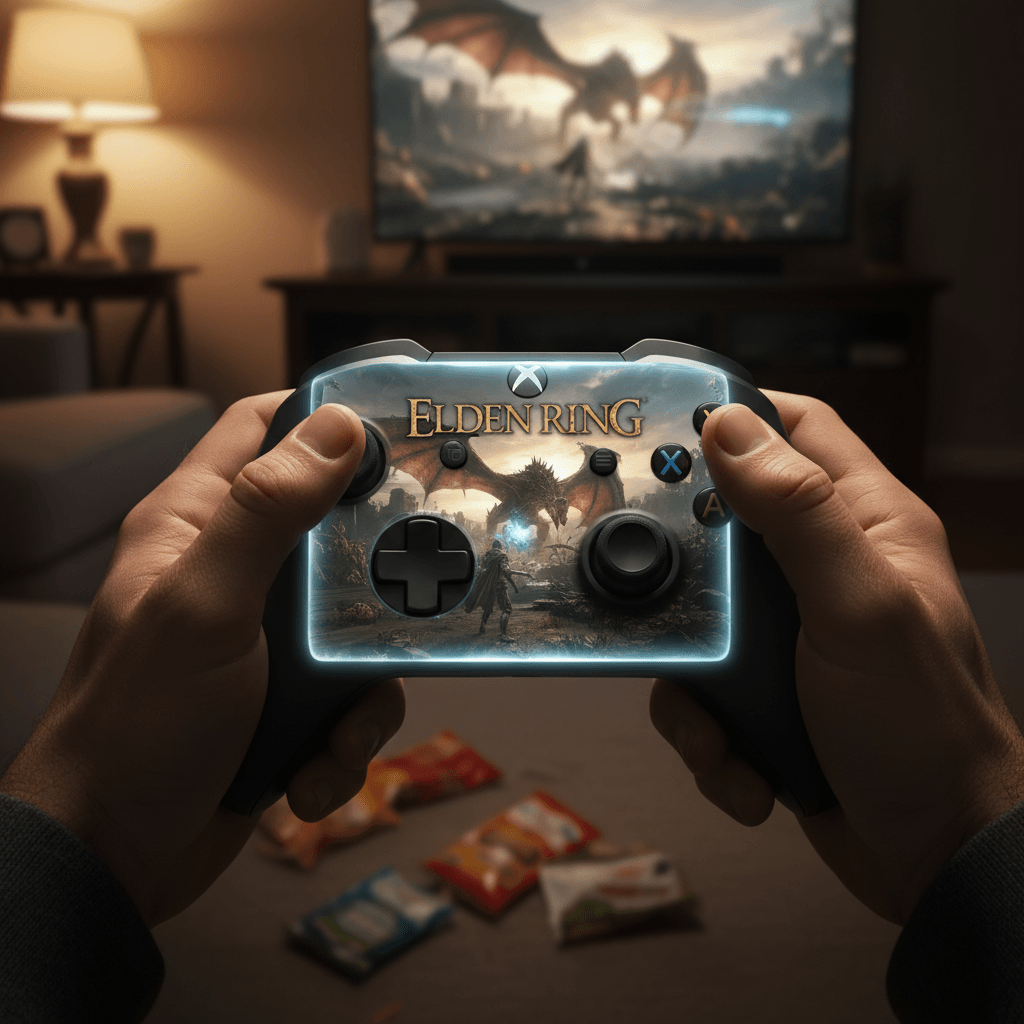 記事後半の「巨大ボス戦を最大限に楽しむための環境づくり」を表現。Xboxコントローラーの振動機能がゲーム体験を向上させる様子を描写します。