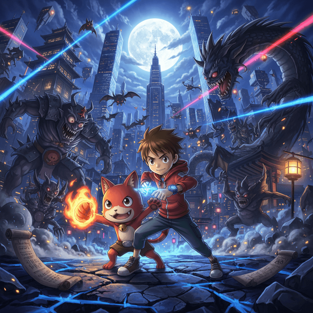 『妖怪ウォッチ4++』のアクション要素を強調し、主人公のケータ（ネイト）とジバニャンが妖怪と戦う様子を、美しいグラフィックで再現された日本の町並みを背景に描いています。