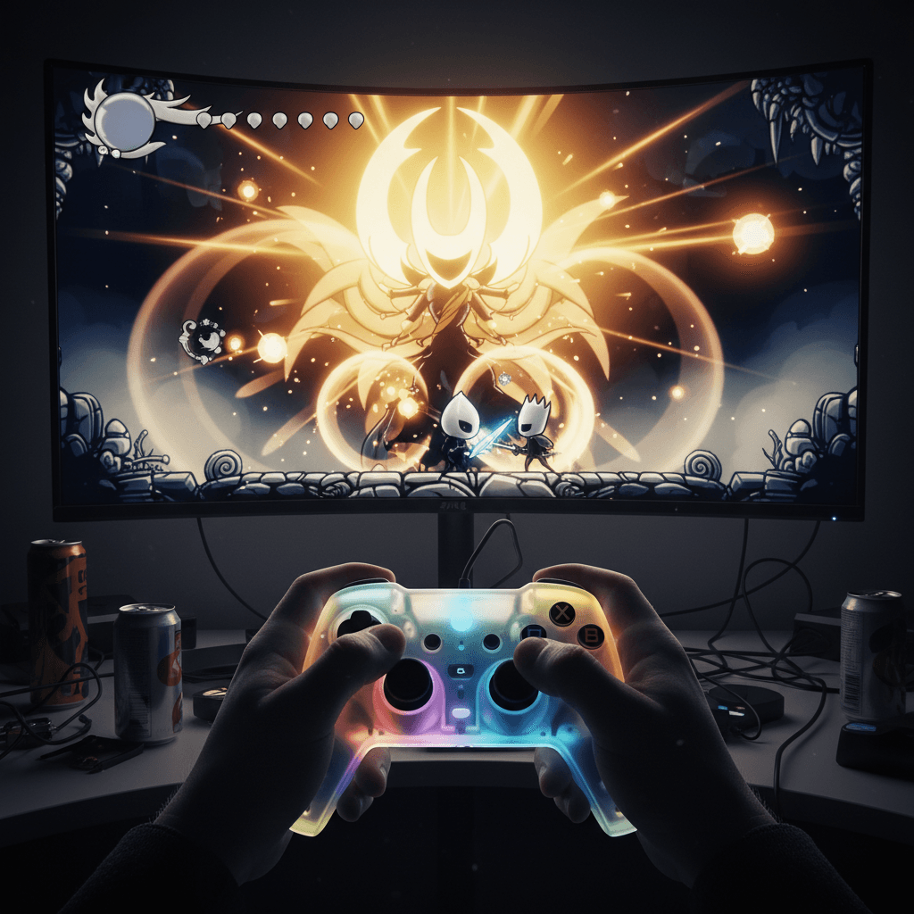 記事後半の「快適なプレイ環境を整えよう」セクションで紹介されているコントローラーの使用シーンを、高難易度なボス戦の様子と組み合わせて表現しています。