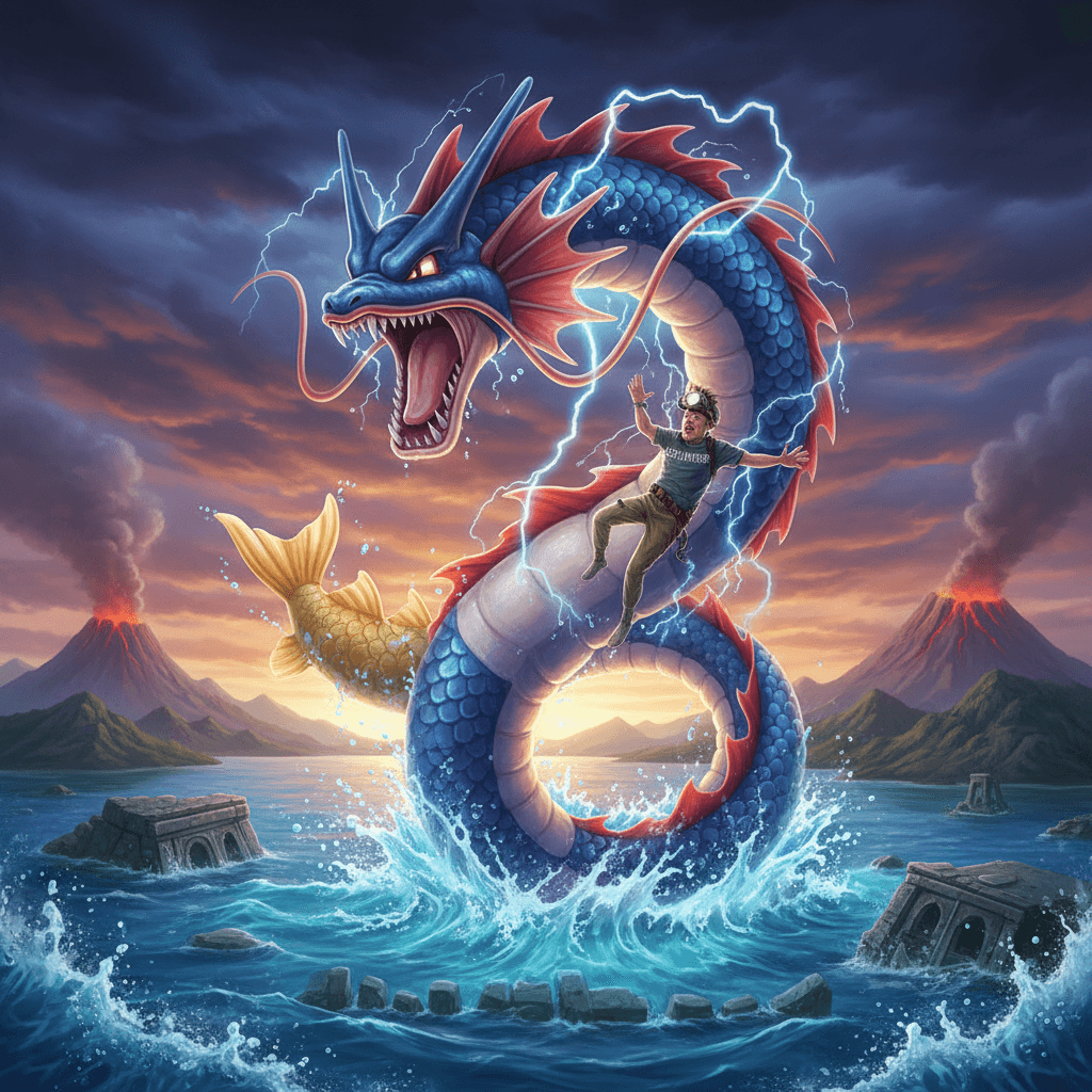 コイキングの進化と、スペランカーの永遠に変わらない弱さを対比させ、記事の結論を視覚的に表現。