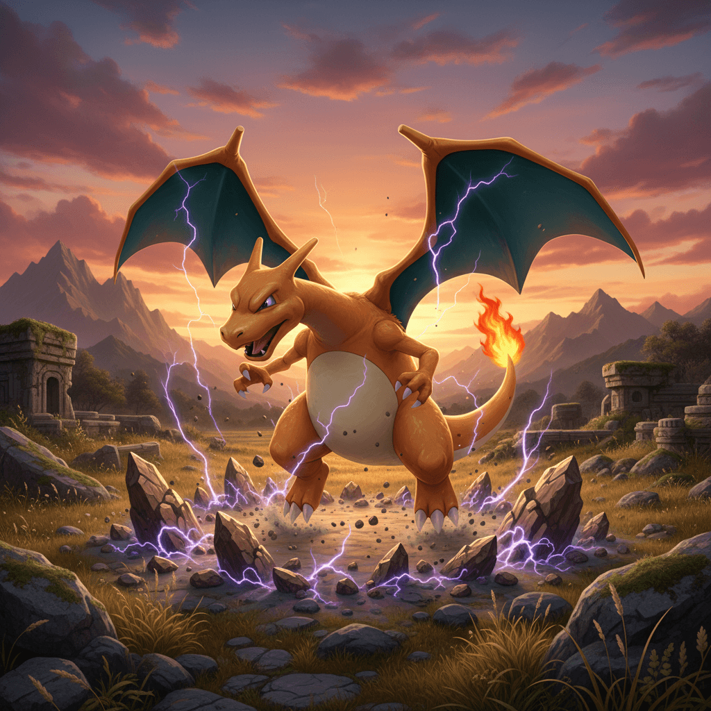 記事で言及されている共通の弱点「ステルスロック」によるダメージを表現しています。リザードンの苦悶の表情とステルスロックの危険な雰囲気を強調しています。