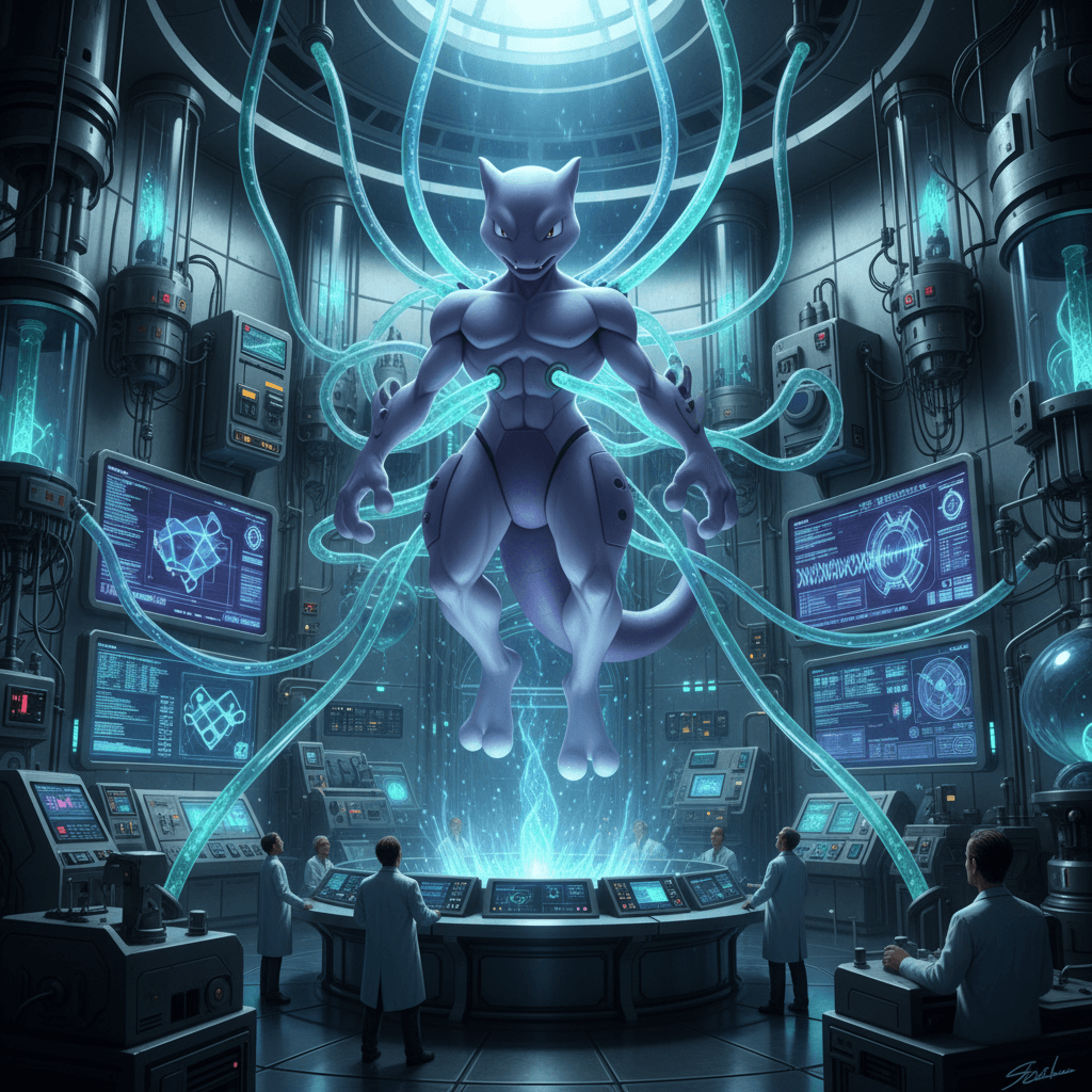 ミュウツーが実験室で生み出される苦悩を表現。グレンタウンの研究所を背景に、彼の存在意義への苦悩と怒りを視覚化しています。