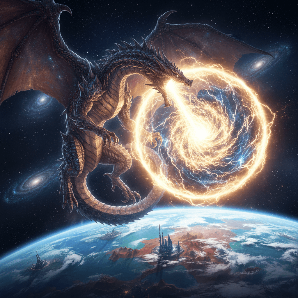 バハムートが宇宙空間からテラフレアを放ち、惑星を破壊するような圧倒的な火力を表現。