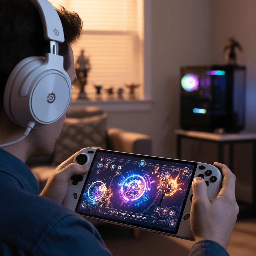 時間操作ゲームを快適にプレイするための環境を描写。記事で紹介されているSteam Deck、ヘッドセット、コントローラーを具体的に描写。