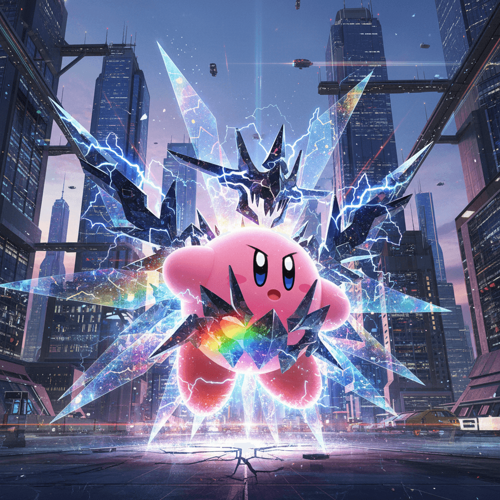 記事のPhase 3、究極の形態変化を表現しています。カービィがネクロズマのＺクリスタルを利用して変化する様子を描き、カービィの適応力を強調しています。ディスカバリーの要素を入れ、より現代的なイメージにしています。