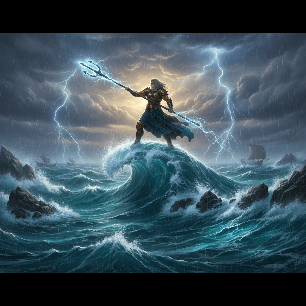 ラウンド1のフィールド制圧戦を表現。「水を操る」ポセイドンが、豪雨の中でカイオーガの動きを制限している様子を描写。